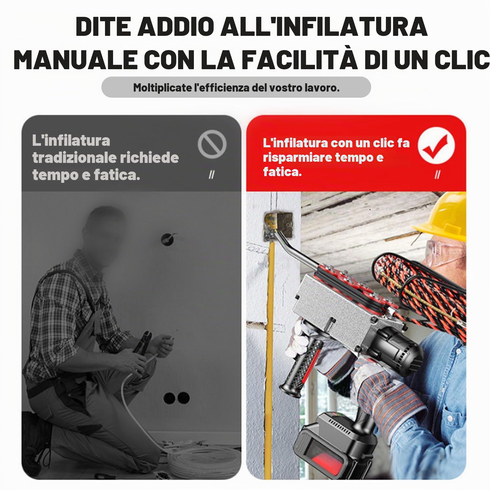 Filo per Infilacavi Elettrico Senza Spazzole 40m/Min - Sonda Passacavi Elettrica con Batteria 25000mah - per Cavi Elettrici E Cablaggio Tubi Edilizia/Idraulica 30m