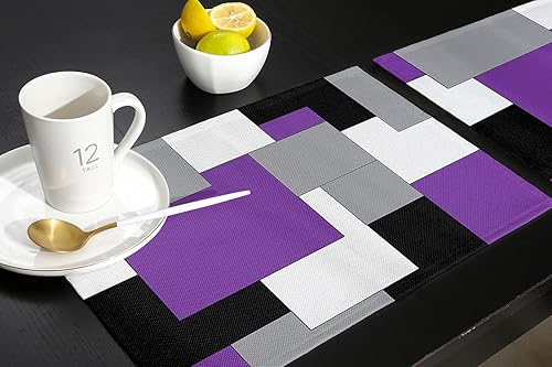 Miniatura 5 de Juego de 6 manteles individuales para mesa de comedor, diseño de retazos de arte abstracto, morado, negro y gris, tapetes antideslizantes lavables,