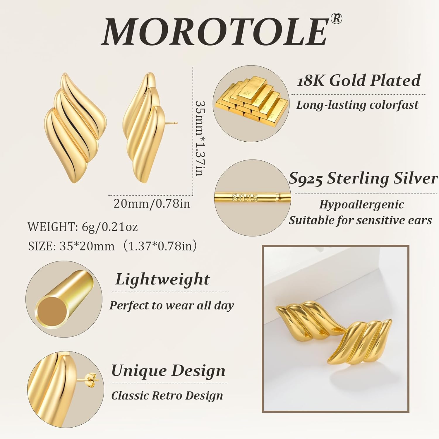 MOROTOLE Chunky Gold Earrings, Vintage Gold Statement Stud Earrings for Women Hypoallergenic Lightweight Trendy 18K Gold Plated Knot Geometric Dangle Drop Earring Jewelry Gifts - Image 3