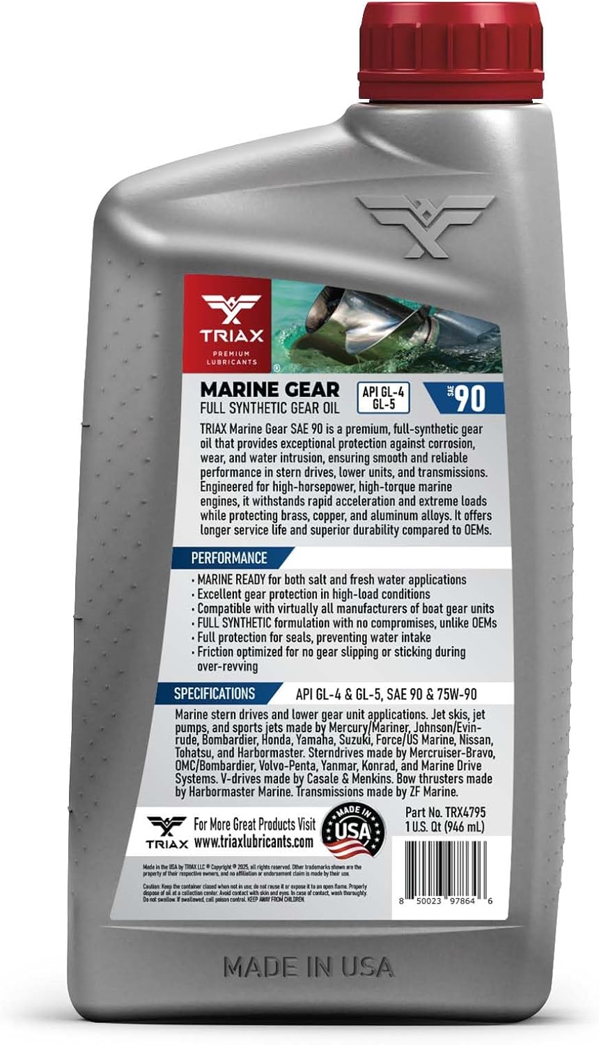 TRIAX Marine Gear SAE 90 Full Synthetic Oil | for All Stern Drives, Bow Thrusters, and Lower Gear Units in All Boats and Jet Skis from All OEMs (1 Quart)