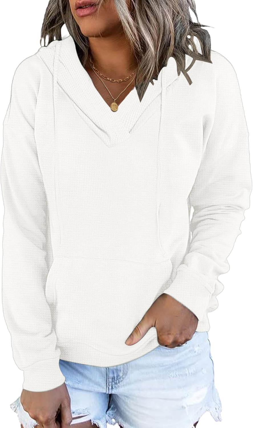 AUSELILY Womens Waffle Hoodies 2025 Sweatshirt Fall Long Sleeve Loose Side Slits Stacked V Neck Tops With Pockets