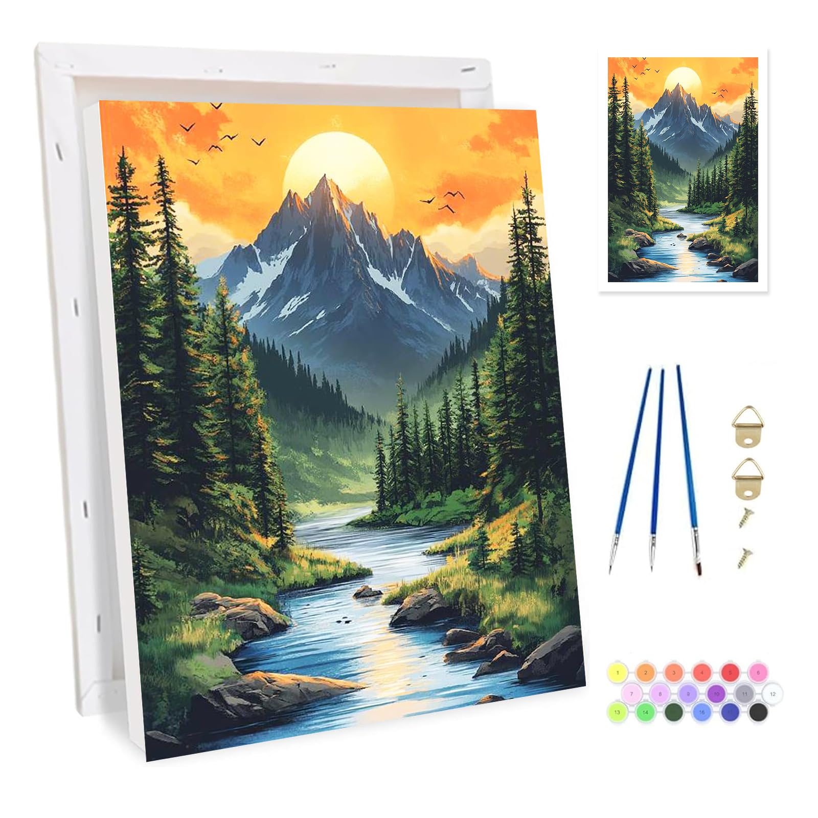 Bowetile Framed Mountain Paint by Numbers for Adults, Sunset Painting by Numbers Kit for Adults Beginners Canvas Kit, DIY Color Oil Painting Acrylic Paints for Home Wall Decor 20x30cm