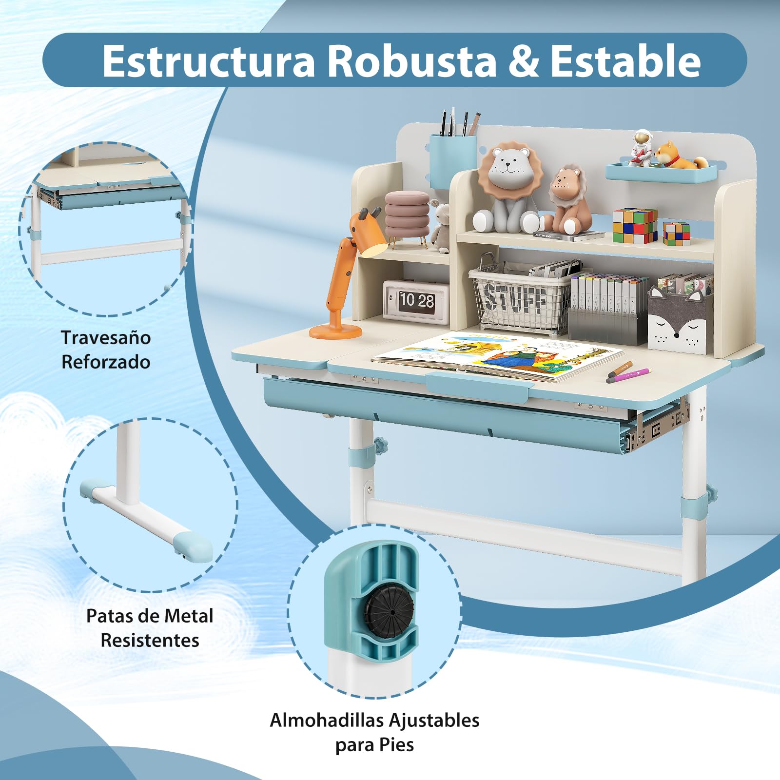 GOPLUS Escritorio de Estudio Infantil Multifuncional con Escritorio Inclinable, Mesa de Estudio para Niños Altura Ajustable, Cajón Extraíble, Soporte para Libros, para Niños de 3-12 Años (Azul)
