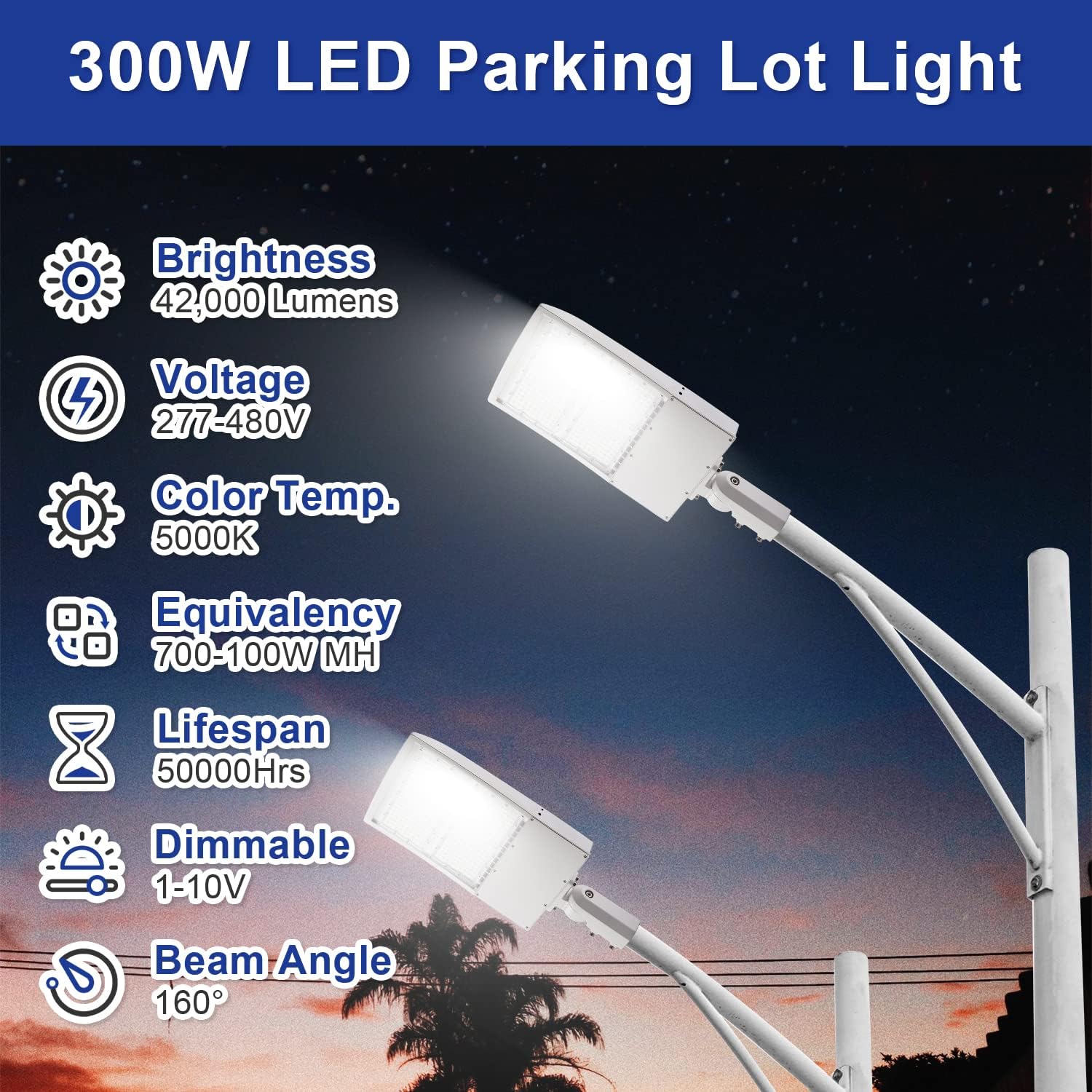 480V 300W LED Parking Lot Lights, 42000LM 5000K White LED Shoebox Street Light (1000W MH/HPS Equiv.), Dimmable Outdoor Commercial Area Road Lighting with Slip Fitter Mount, IP65 UL&DLC Listed