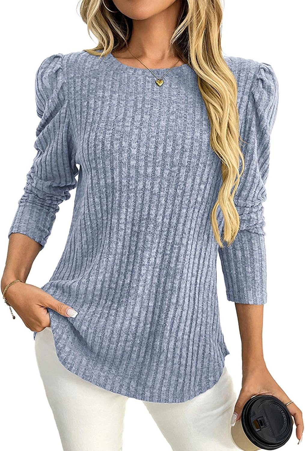 Long Puff Sleeve Tops for Women Round Neck Business Casual Loose Fit Ribbed Shirts Fall Trendy Solid Basic Blouses
