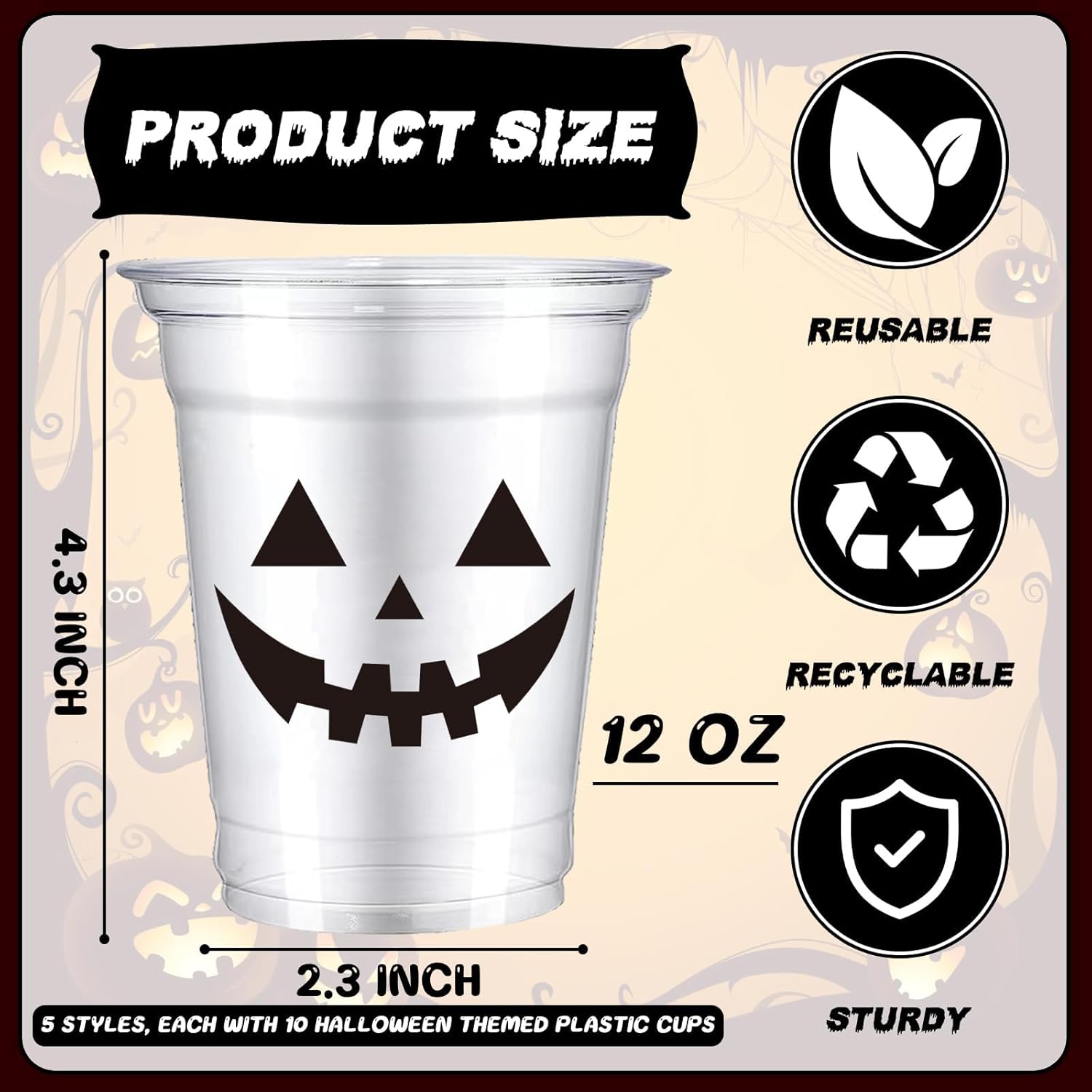 VDESFUEBY 50 Pack Halloween Plastic Cups 12 Oz Disposable Halloween Party Cups Vampire Monster Ghost Party Cups for Party Supplies Coffee Wine Hot Cold Drinks