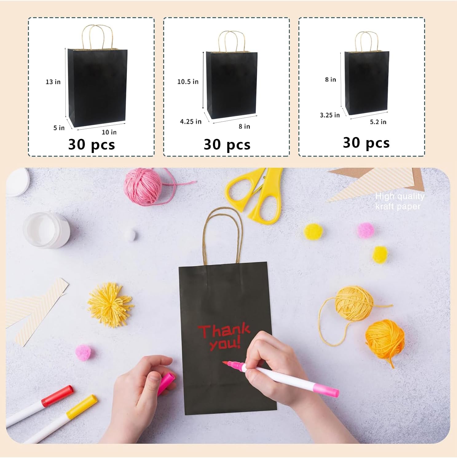 FACEBAG 90 Pack Black Kraft Paper Bags with Handles Bulk, Assorted Sizes Gift Bags for Favors Grocery，Retail，Party，Festival，Wedding，Birthday，Shopping，Business，Goody Craft Merchandise Take Out Sacks