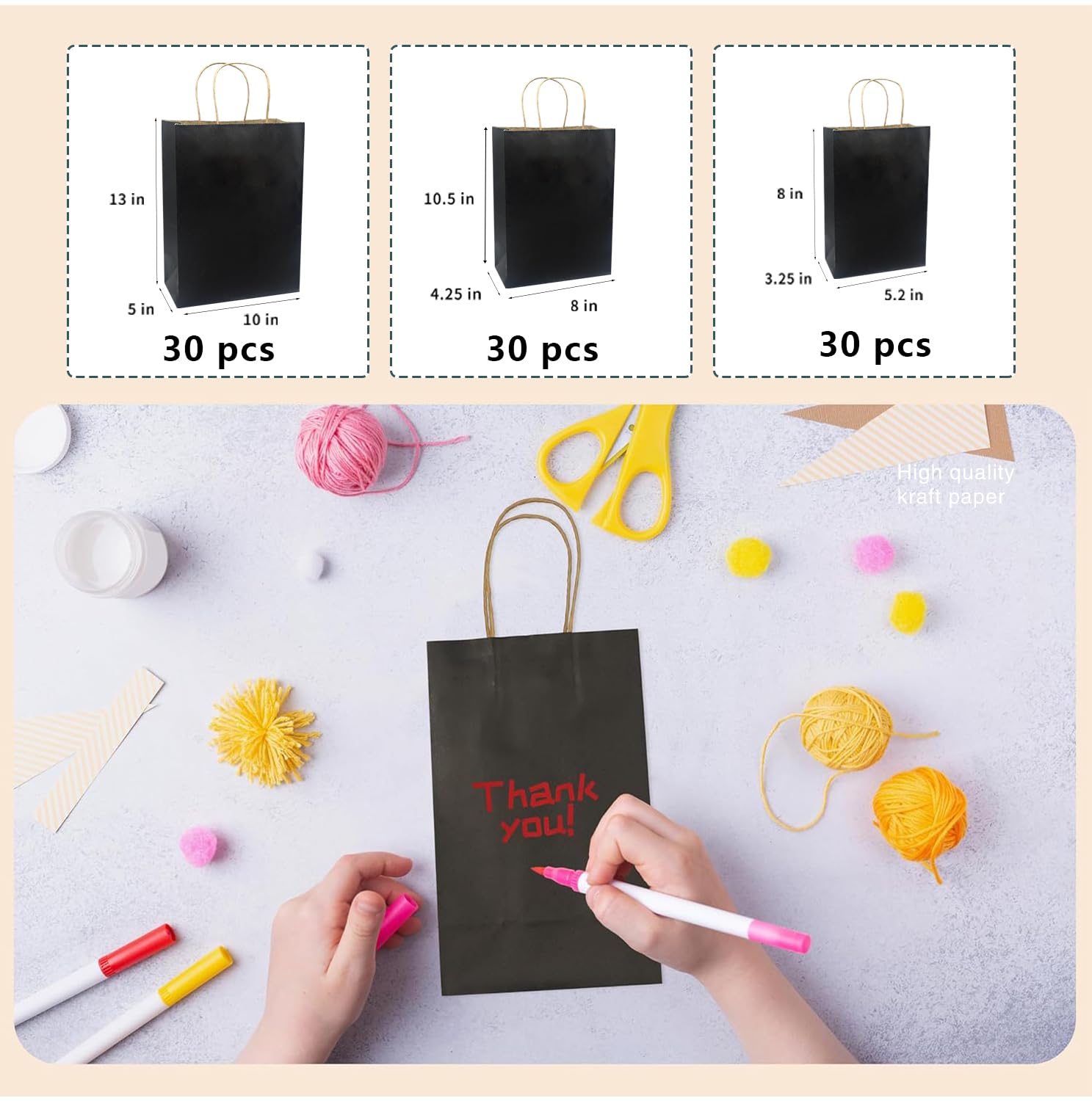 FACEBAG Paquete de 90 bolsas de papel kraft negro con asas a granel, bolsas de regalo de varios tamaños para recuerdos de comestibles, venta al por menor, fiesta, festival, boda, cumpleaños, compras,