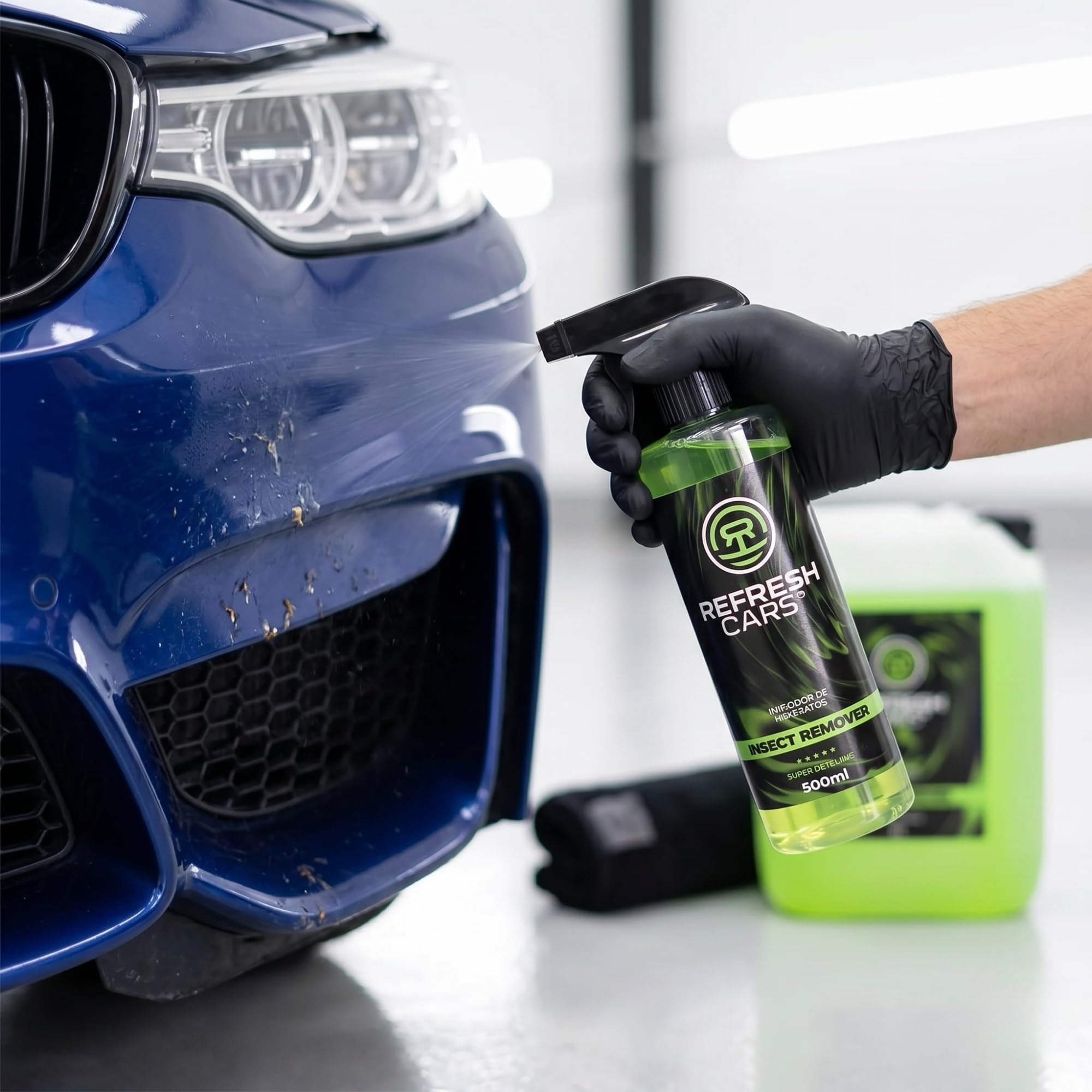 Elimina Mosquitos e Insectos 5,5 L + Spray 500 ml – Limpiador Concentrado para Coche, Moto y Flota, Fórmula Segura con Pintura, Cristales y Cromados, Formato Profesional