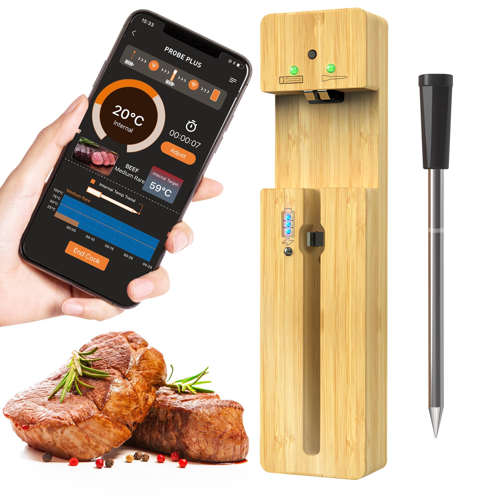 AigerriBluetooth Digital Food Thermometer,Smart Wireless Meat Thermometer,IPX7 Waterproof Cooking Meat Oven Thermometer Portable forAir Fryer,Outdoor BBQ, Grilling