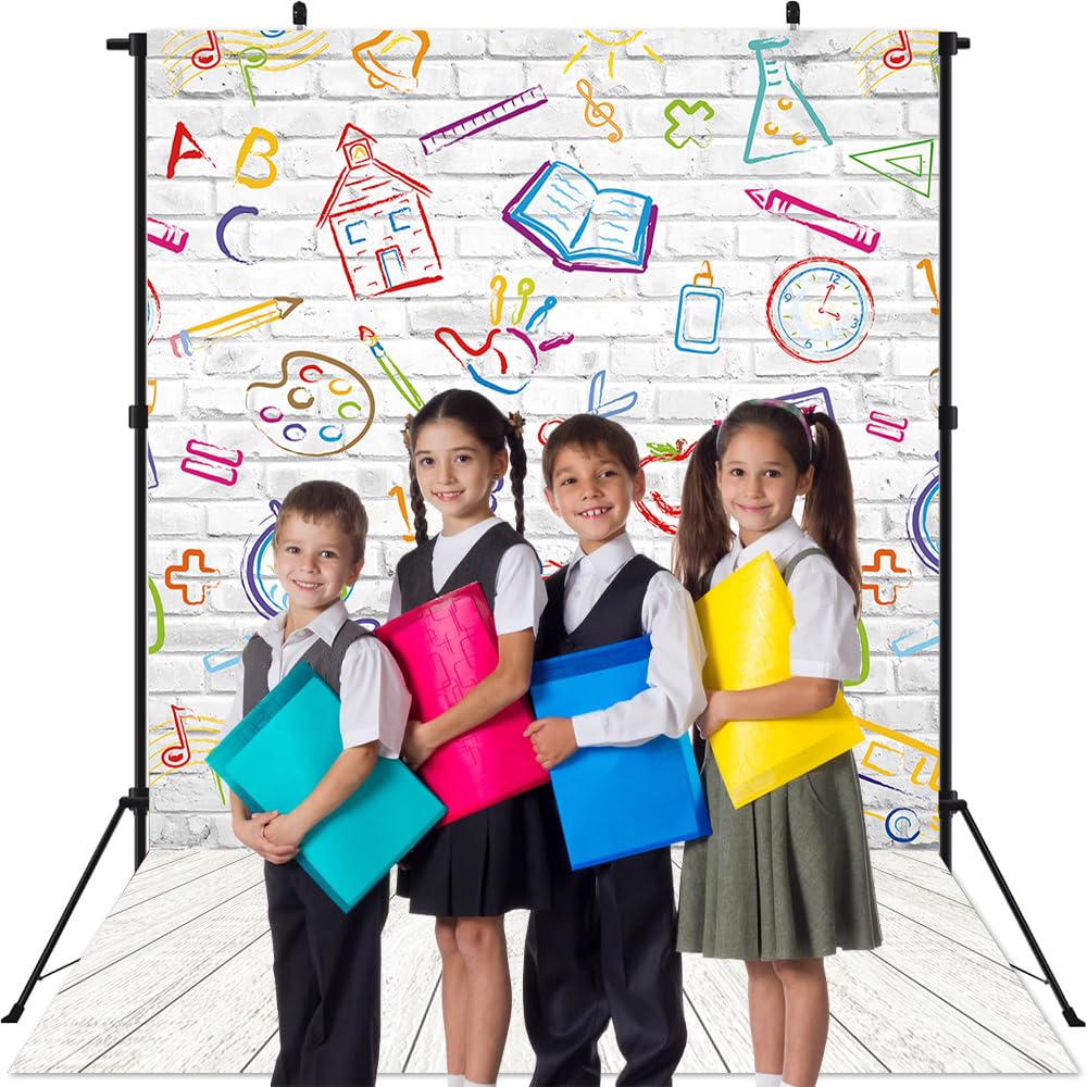 Telón de fondo para el regreso a clases, pared de ladrillo blanco, lápices pintados a mano, fondo para fotografía, cumpleaños, aula, escuela, decoración de fondo (150 x 210 cm)