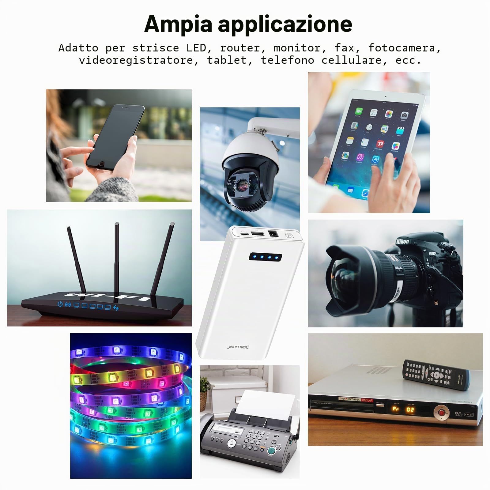NASTIMA PD 45W 12V Power Bank 5200mAh 56,16Wh Batteria Agli ioni di Litio | con Uscita 12V DC e 5V USB-A QC3,0 Type-C Tripla Uscita per Strisce LED, Telecamere a Circuito Chiuso, Videocamere, Binocoli