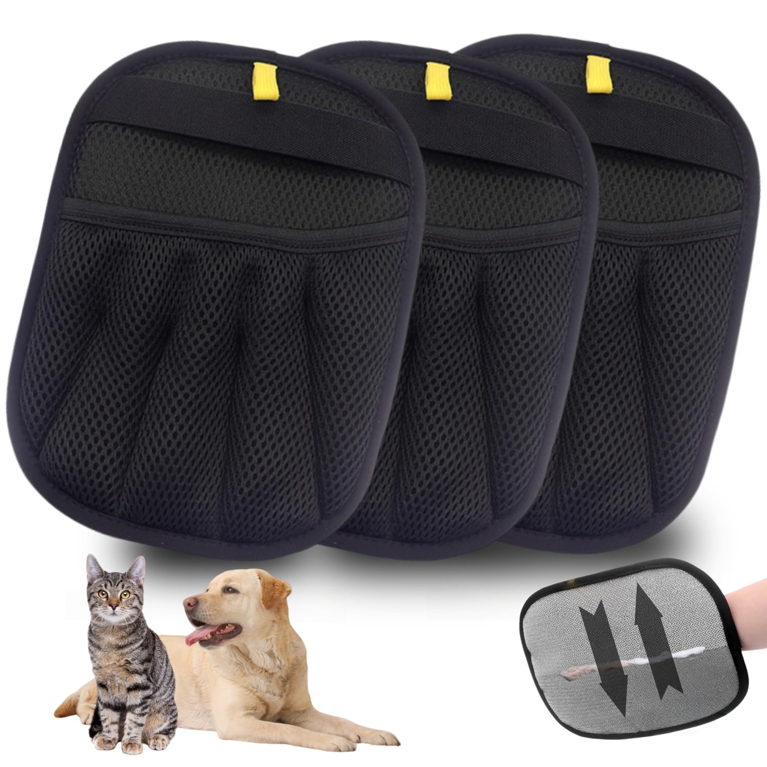Upgrade Tierhaar Handschuh, Fell Magnet handschuh für Katzen und Hunde, Wiederverwendbarer doppelseitiger Tierhaarentferner für die tägliche Pflege (schwarz, 3 stück)