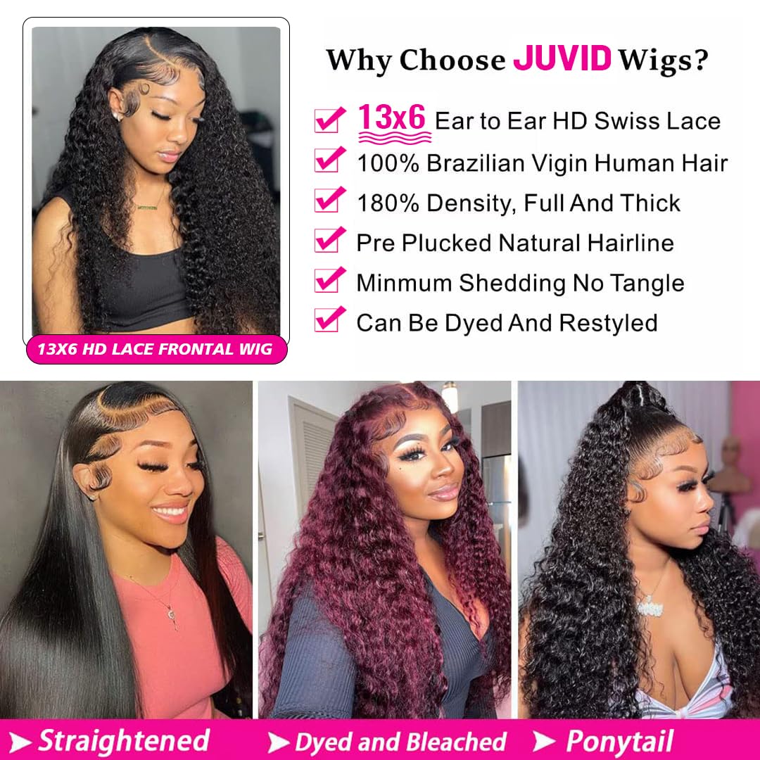 Juvid 200% Density 13x6 HD Transparent Lace Front Deep Curly Human Hair Wig Gluelesss Wigs Pre Plucked with Baby Hair Natural Black Color 100% Unprocessed Virgin Hair Wet and Wavy Curly Wig 24inch