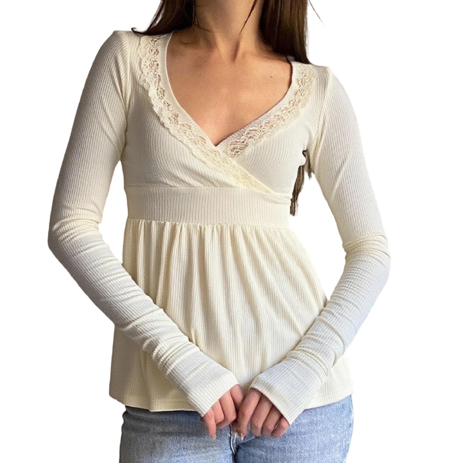 Fairy Grunge Shirts for Women Y2K Tops Long Sleeve Lace Patchwork Tees Teen Girls Vintage Slim Blouse Fall Clothes