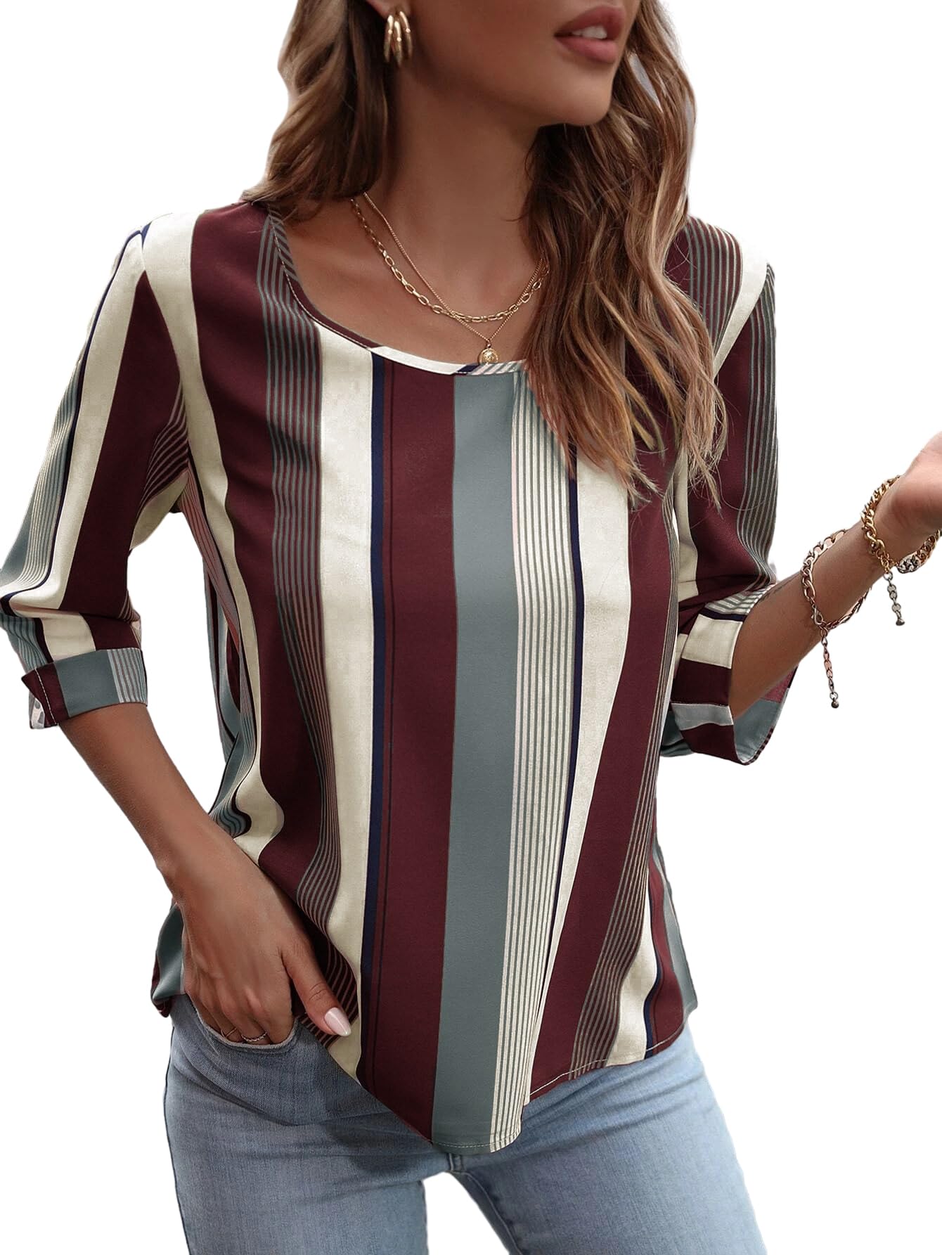 GORGLITTERWomen's Striped Crewneck Roll Up Sleeve Casual Blouse Shirt Top