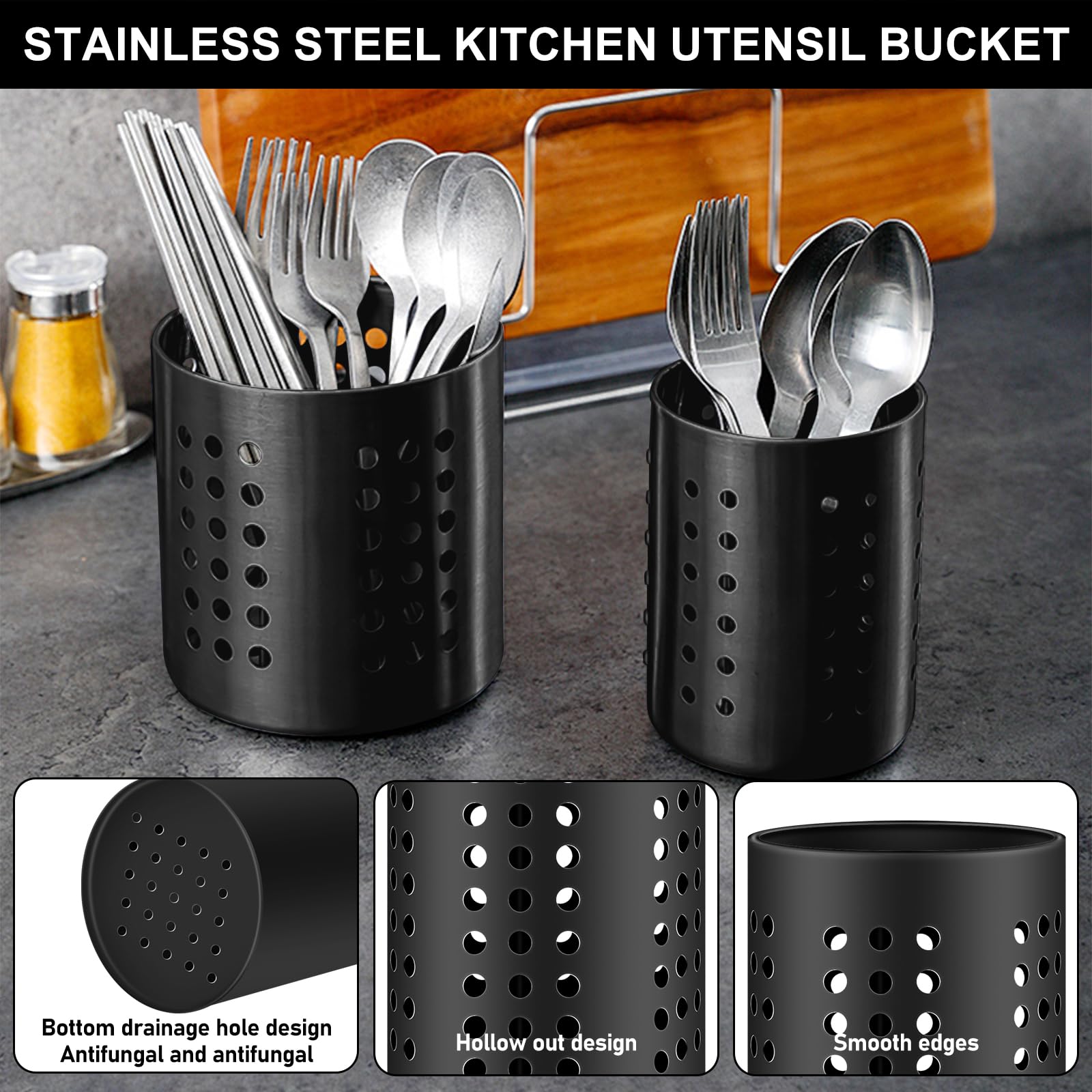 Lot De 2 Porte-ustensiles De Cuisine En Acier Inoxydable Noir - Organisateur Pour Plan De Travail Ou Tiroir, 18 Et 15 Cm De Haut