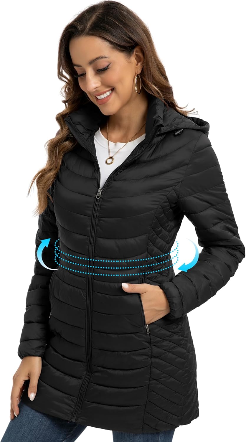 ROYAL MATRIX Packable Puffer Jacket for Women Hooded Lightweight Quilted Travel Long Puffer Coat with Pockets - Image 3