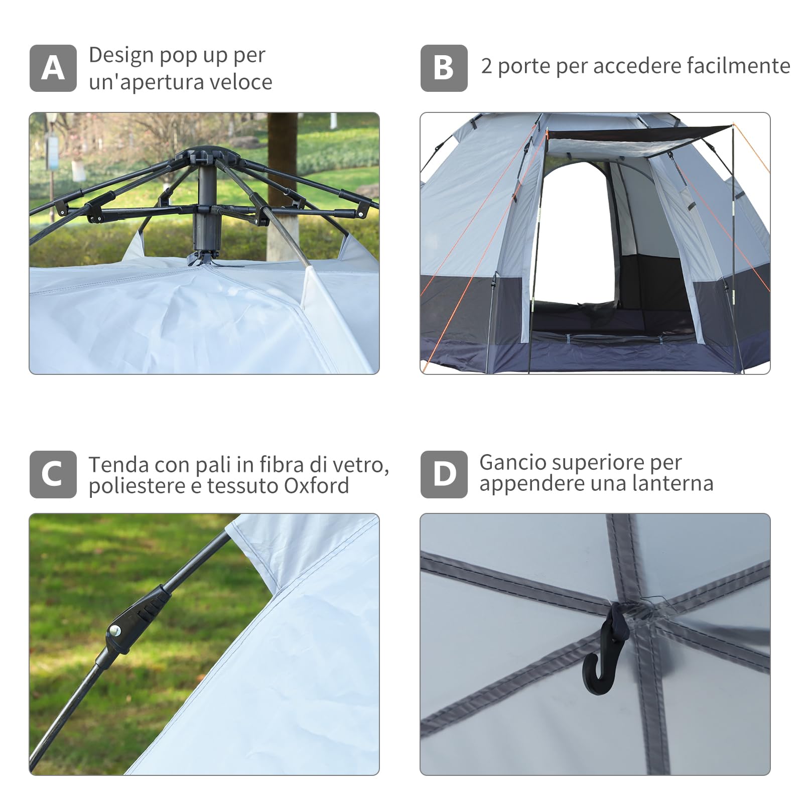 Outsunny Tenda da Campeggio 2 Posti con Apertura Automatica e Accessori Inclusi, Tenda da Viaggio in Acciaio, Tessuto Oxford e Fibra di vetro, Grigia e Nera