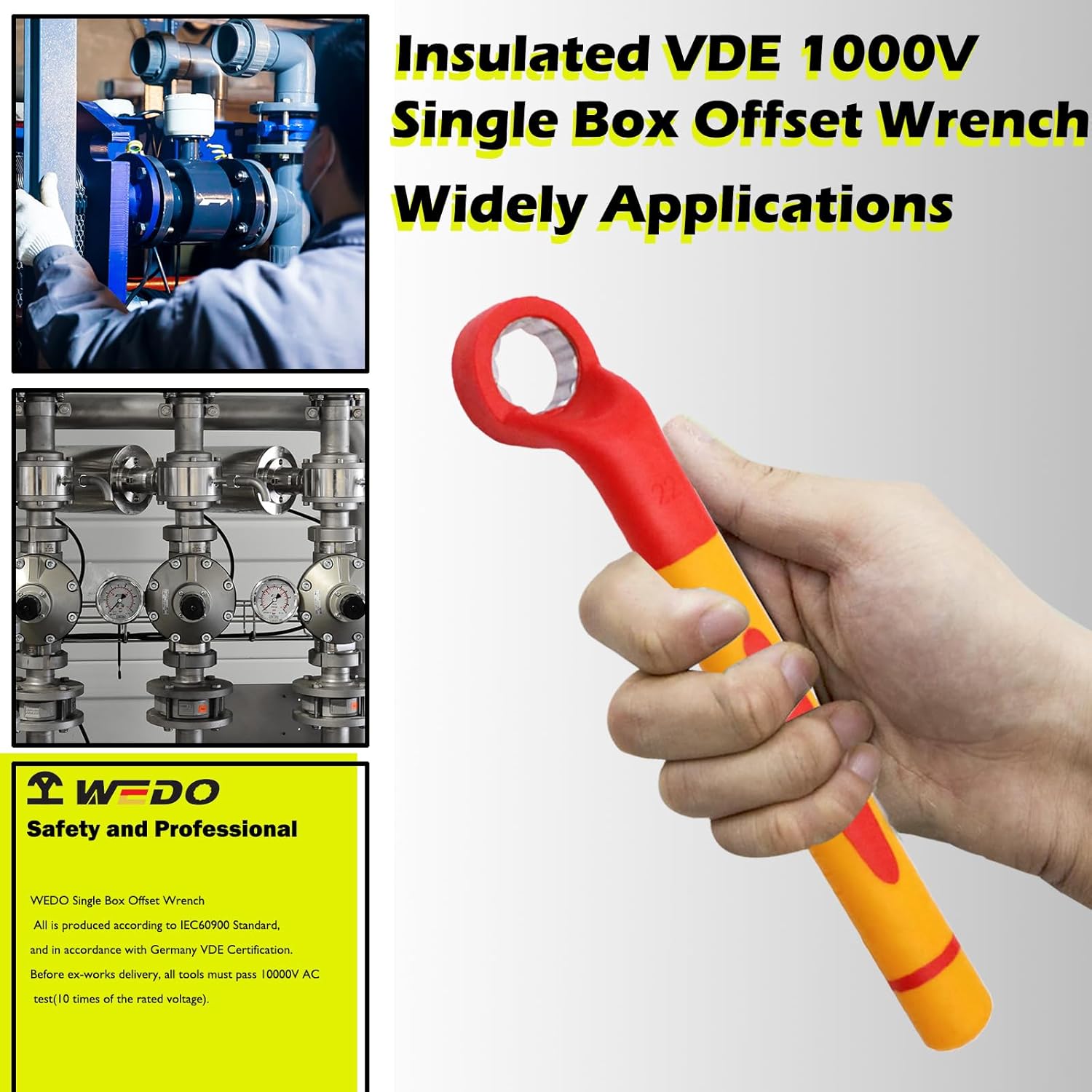 WEDO Insulated Single Box Offset Wrench,Size 8mm,Length 160mm, VDE 1000V, IEC 60900, CR-V, 1000 Volt Insulated Tools for Electricians,Suit for power maintenance, power station