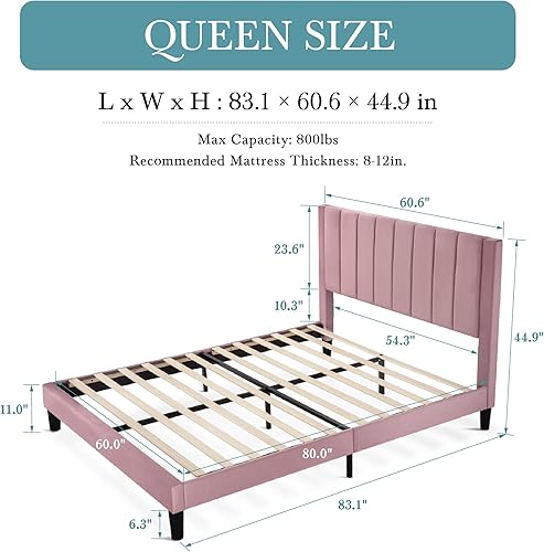 Miniatura 76 de HOOMIC Base de cama de plataforma de tamaño matrimonial con cabecera de canal vertical tapizada de terciopelo de felpa, no necesita somier, fácil