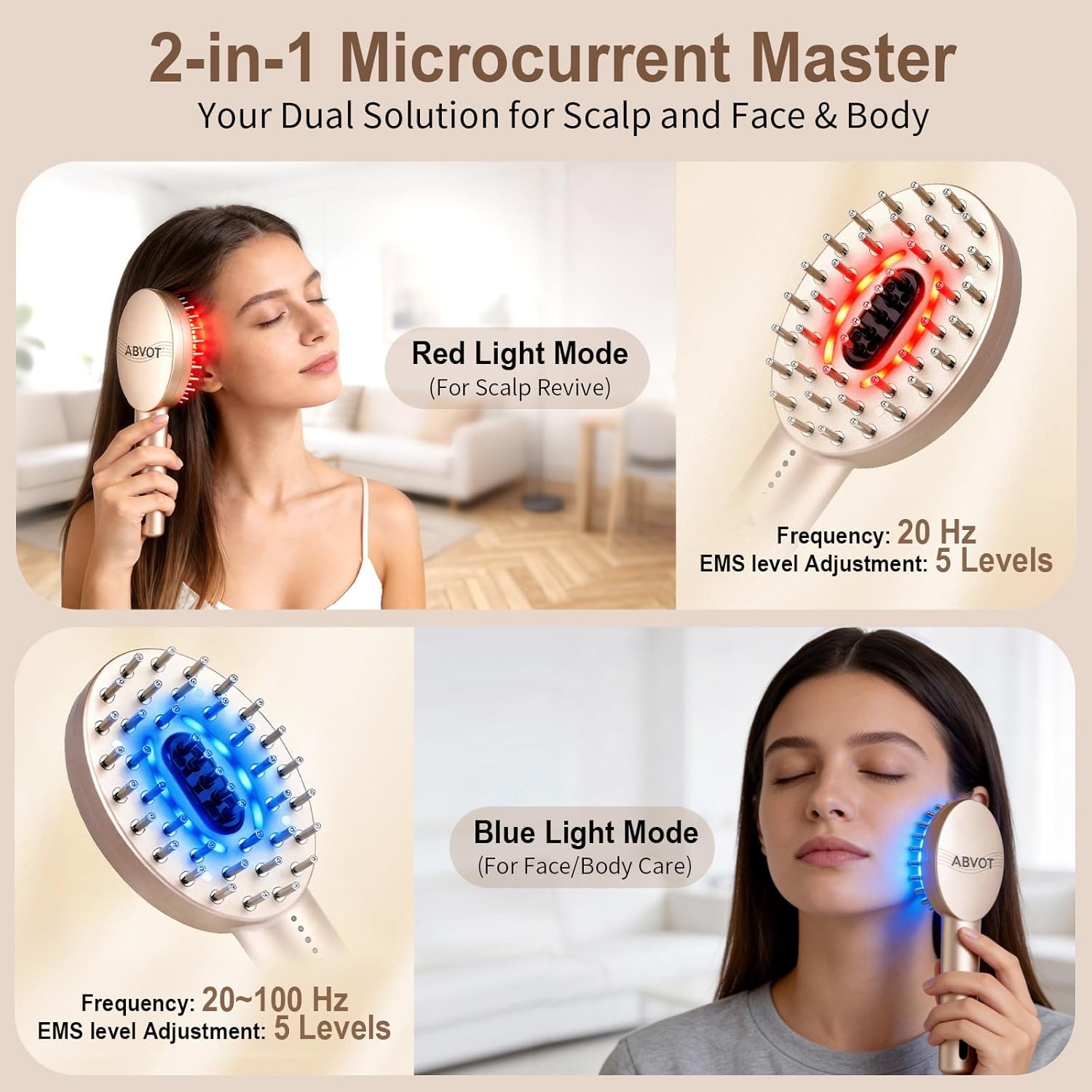 3-in-1 Electric Scalp Massager with Hair Oil Applicator, Red & Blue Light Modes, Vibrating Massage Tool for Scalp/Face/Body Relaxation, Portable Hair Brush, Scalp Massage Comb for Home & Travel