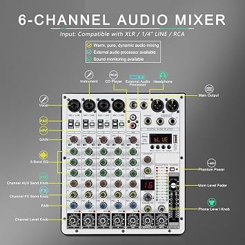 Audio Mixer 6 Channel Mixer, DJ Mixer with USB Interface, Bluetooth Function, 16 DSP Effects