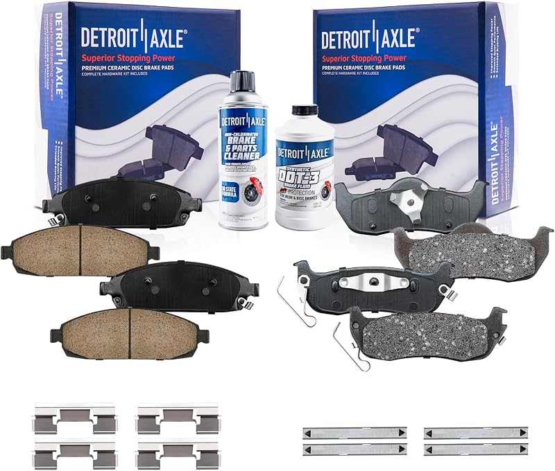 Pastilhas de freio cerâmicas Detroit Axle dianteiras e traseiras para Jeep Commander e Grand Cherokee – Kit com 4 pastilhas e 2 frascos