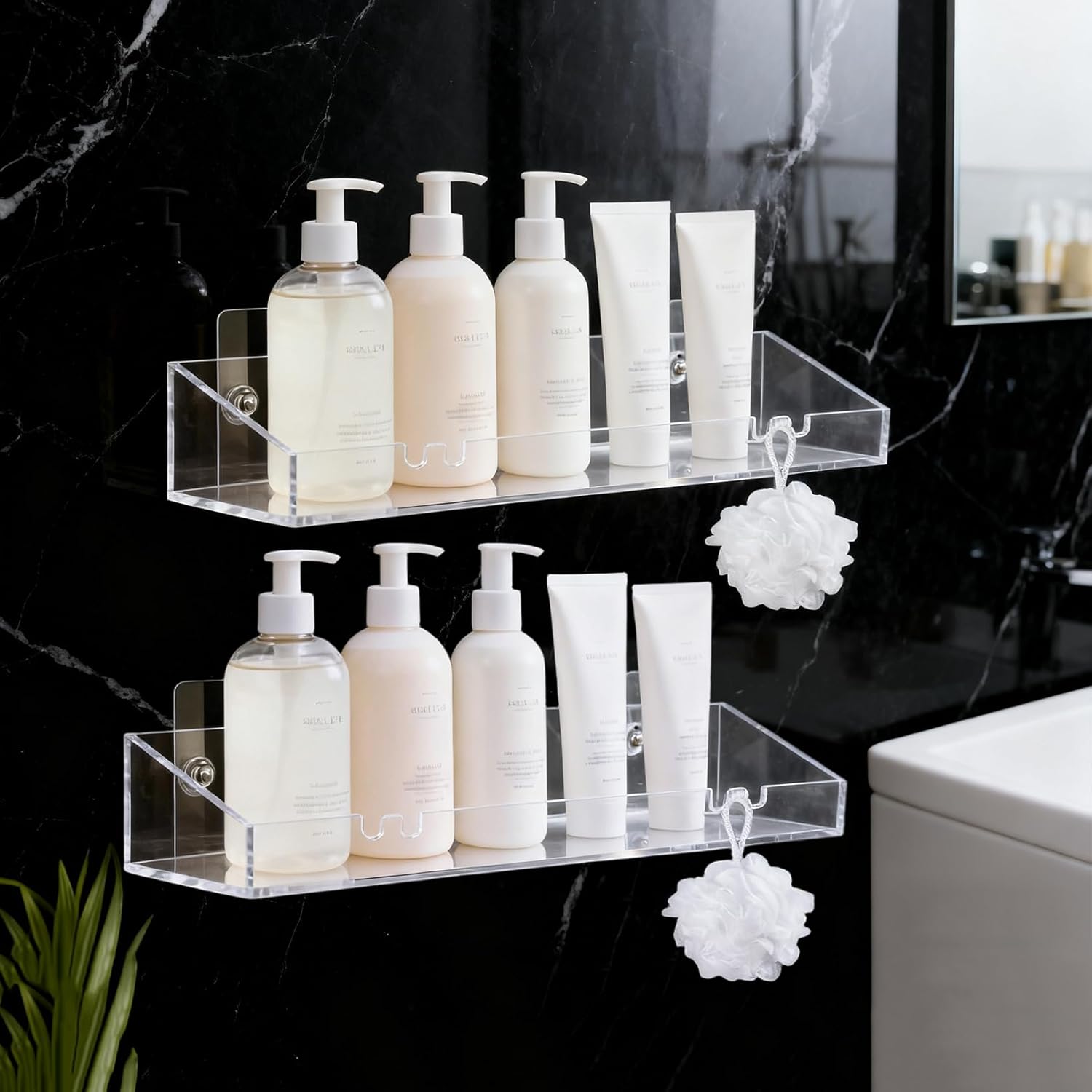Goklmn 2Pack Acrylic Shower Shelves Bathroom Tray with Hooks No Drilling Adhesive Wall Mount Shower Caddy Organizer Clear
