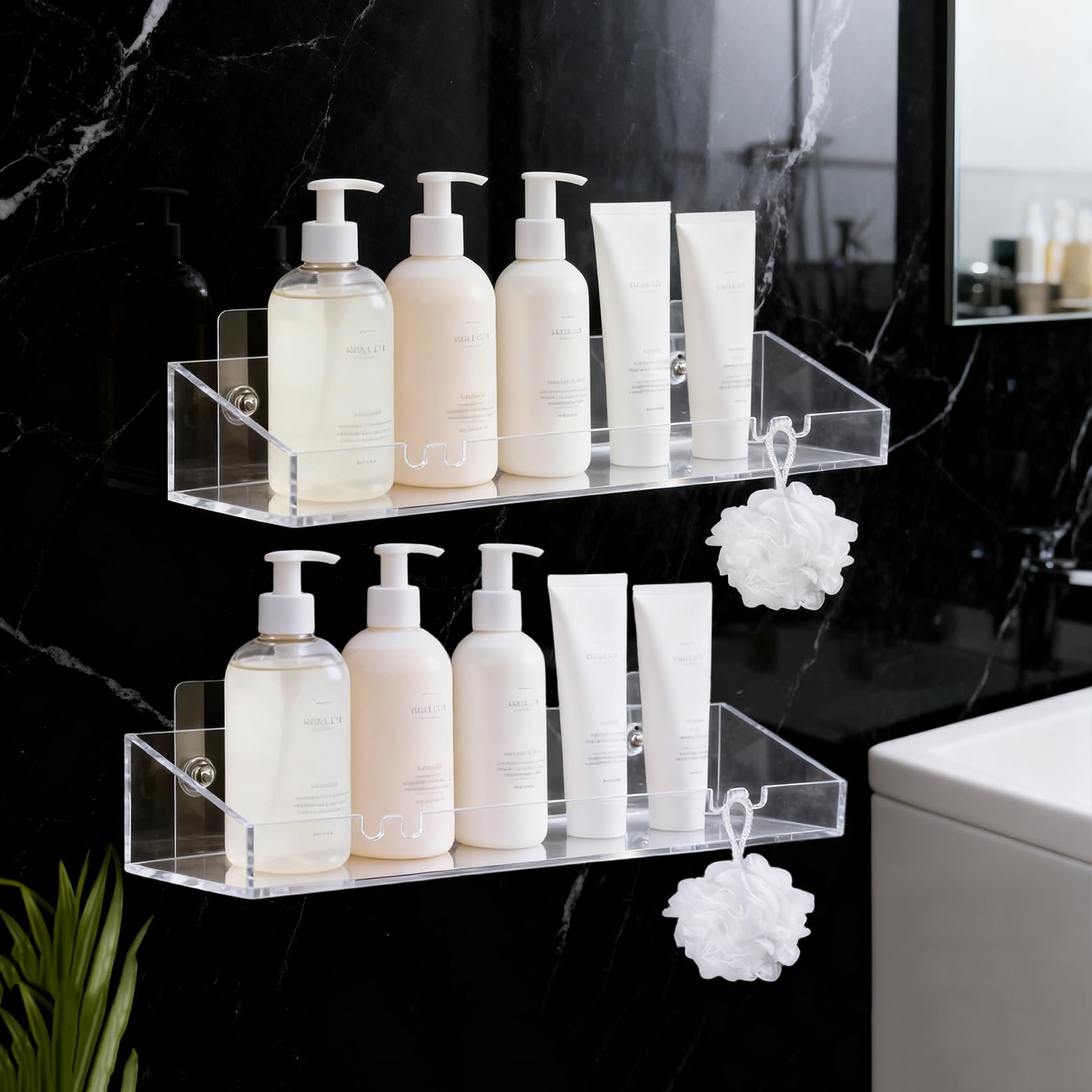 Goklmn 2Pack Acrylic Shower Shelves Bathroom Tray with Hooks No Drilling Adhesive Wall Mount Shower Caddy Organizer Clear