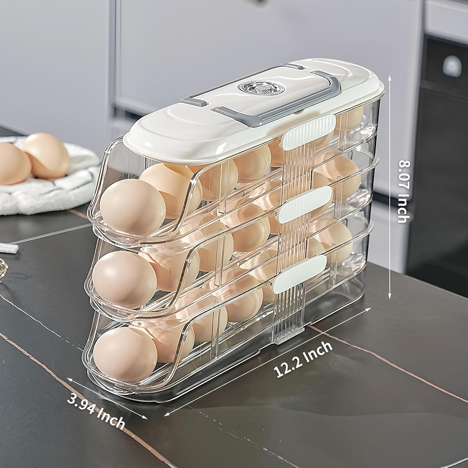 Egg Dispenser for Refrigerator, 3-Layer Clear Plastic Egg Holder Adopt Transparent PET Material & Hidden Handle Design – Egg Organizer for Refrigerator with Cover Lock Buckle (Capacity for 21 Eggs)