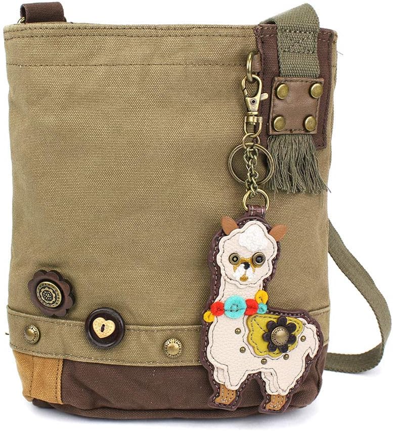 CHALA Patch Cross-Body Women Handbag, Olive Canvas Messenger Bag Key fob (LLAMA- Olive)