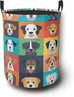 Cute Dogs Laundry Hamper with Handles,Collapsible Waterproof Storage Basket for Dirty Clothes Books Round Organizer Bin for Bathroom Bedroom College Dorms 16" x 20.8"