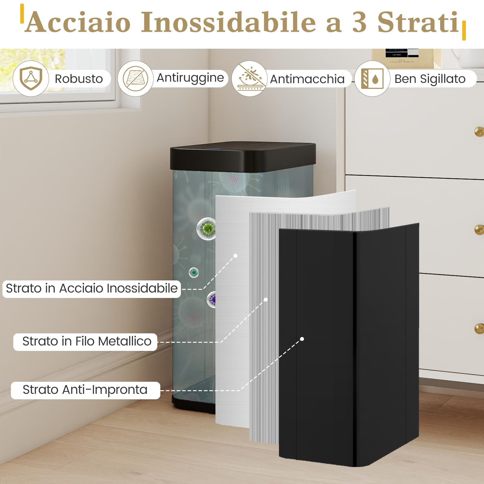 COSTWAY 60L Cestino per Rifiuti con Coperchi a Ali, Pattumiera in Acciaio Inox Spazzolato con Sensore di Movimento a Infrarossi, Bidone Automatico per Camera da Letto, Bagno e Cucina (Nero)