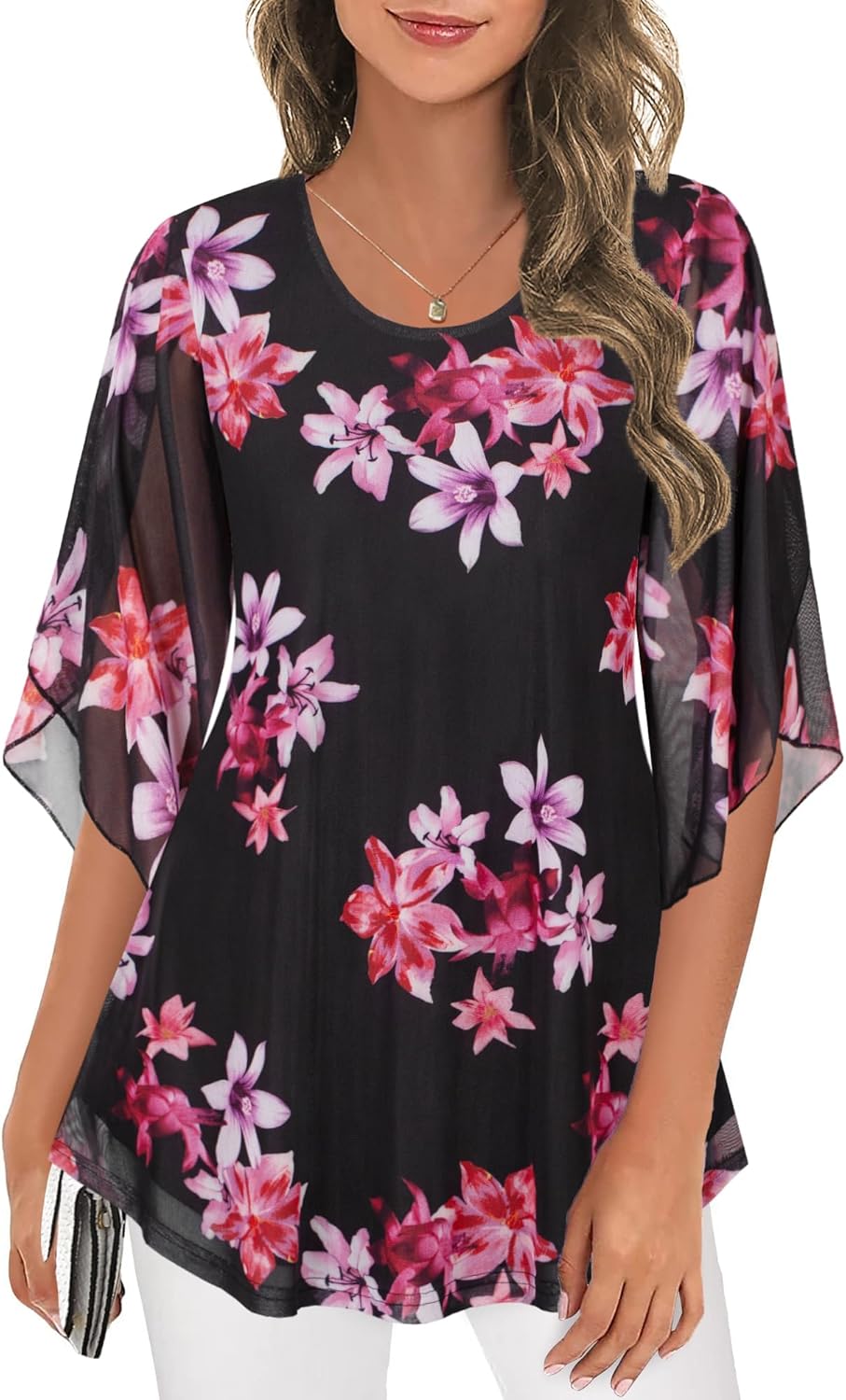 Ninedaily Women’s Tops 3/4 Sleeve Blouses Dressy Casual Double Layers Mesh Tunic Shirts