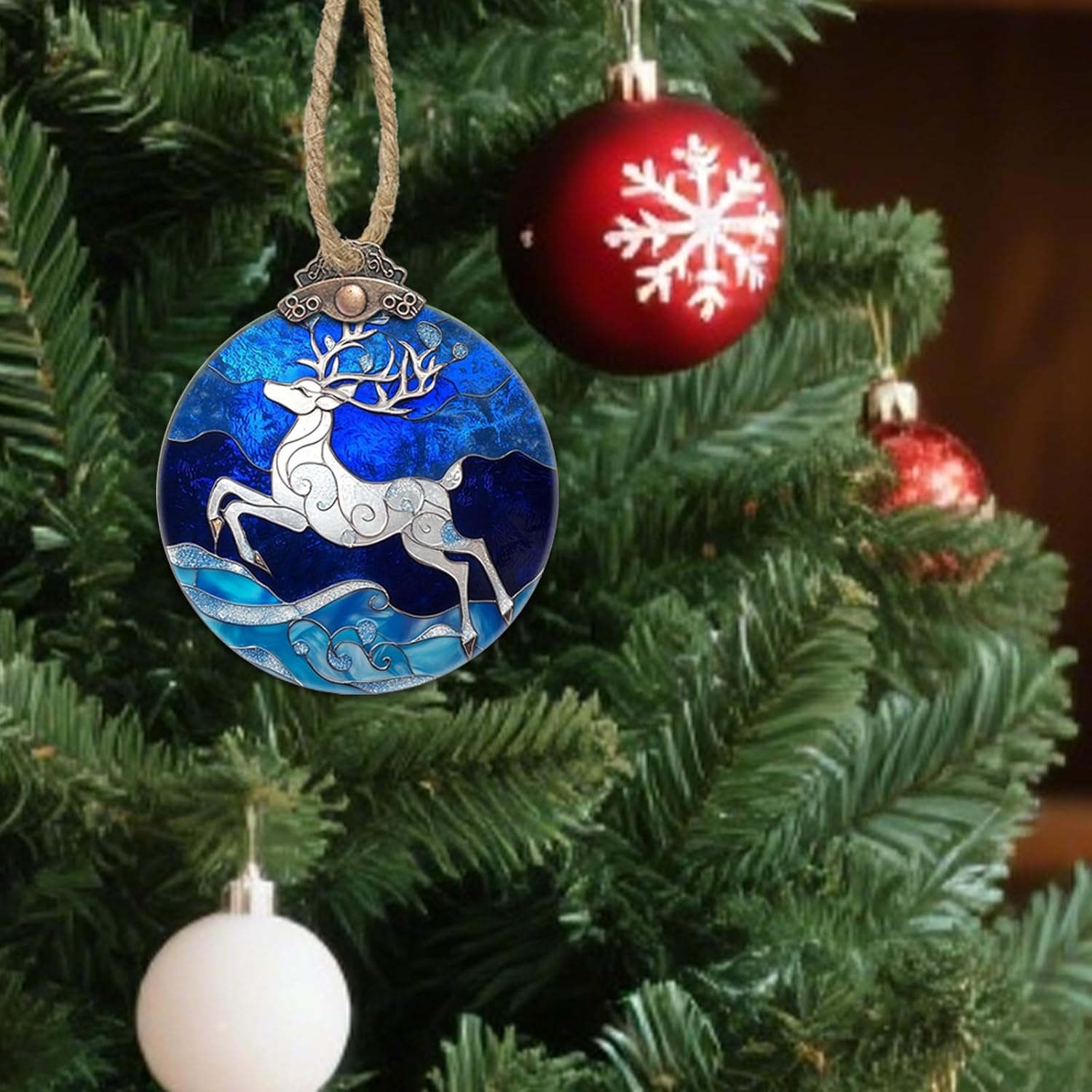 Stained Glass Christmas Decorations, White Elk Suncatcher for Window Christmas Tree Hanging Ornaments Sika Deer Blue Sun Catcher Xmas Decor Gifts for Women Men Mom Nana Friend - Image 4