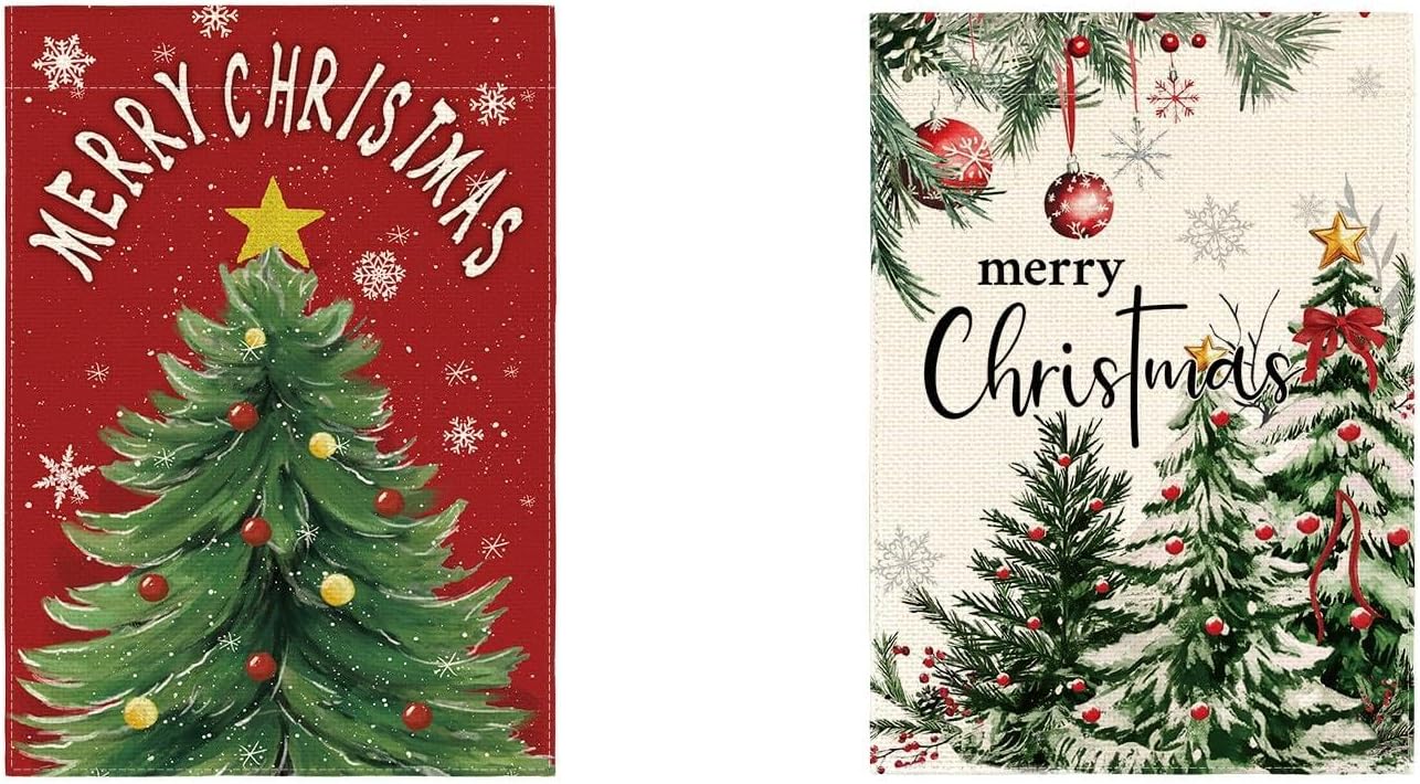 AVOIN colorlife Merry Christmas Garden Flag 12x18 Inch Double Sided Outside, Star Winter Holiday Yard Outdoor Flag Set of 2