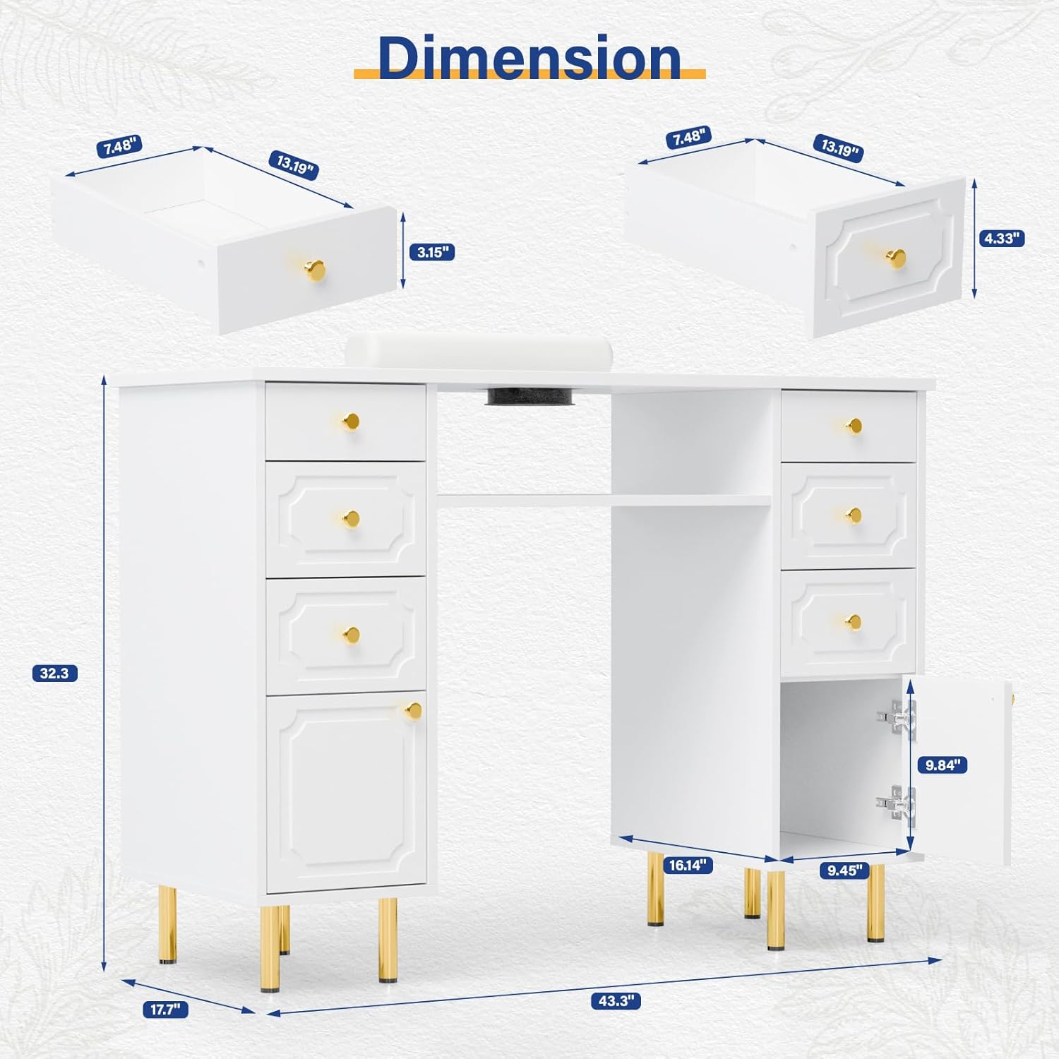 OmySalon White & Gold Accent Nail Desk for Nail Tech, Manicure Table with Electric Dust Collector, Storage Drawers & Wrist Cushion, Acetone Resistant for Salon and Home Nail Station
