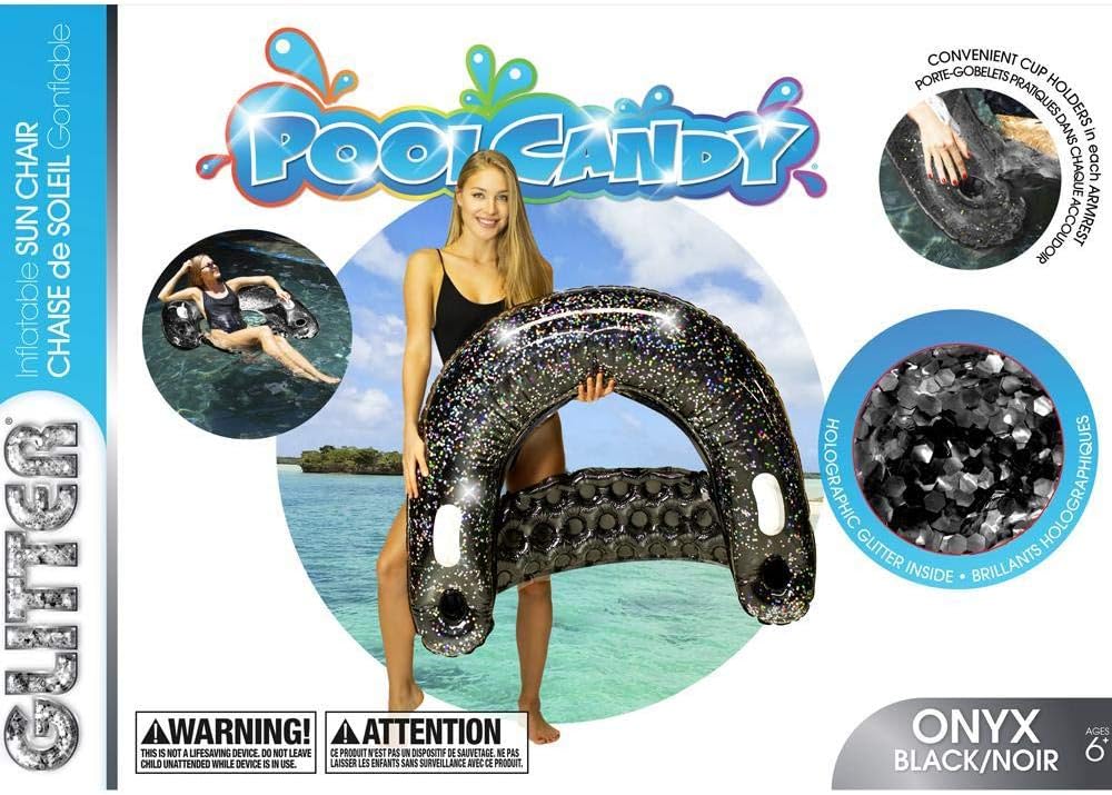 PoolCandy Black Onyx Glitter Sun Chair Inflatable Pool Float, Lounge Water Chair with Backrest Cup Holder Handles, Heavy Duty PVC Pool Beach Lake Relaxing Float for Adults