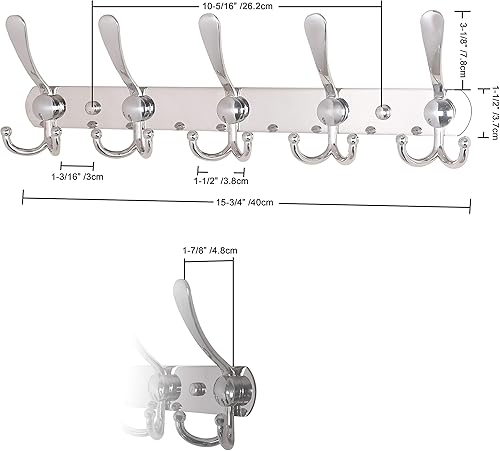 Miniatura 7 de Dseap - Perchero de pared con 5 ganchos triples, resistente, de acero inoxidable, estilo riel metálico, para colgar abrigos, sombreros, toallas