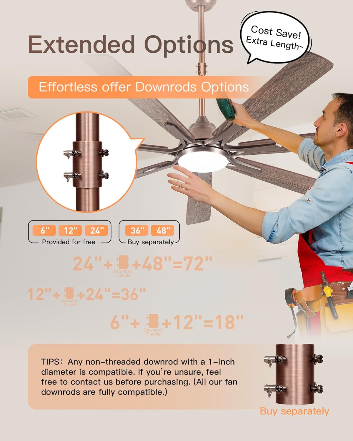 48 inch Ceiling Fan Downrod,48" Height Ceiling Fan included 9 Extension Wire for Wide Range of Fans Down Rod, Unthreaded,Dia 1.02'',Antique Bronze