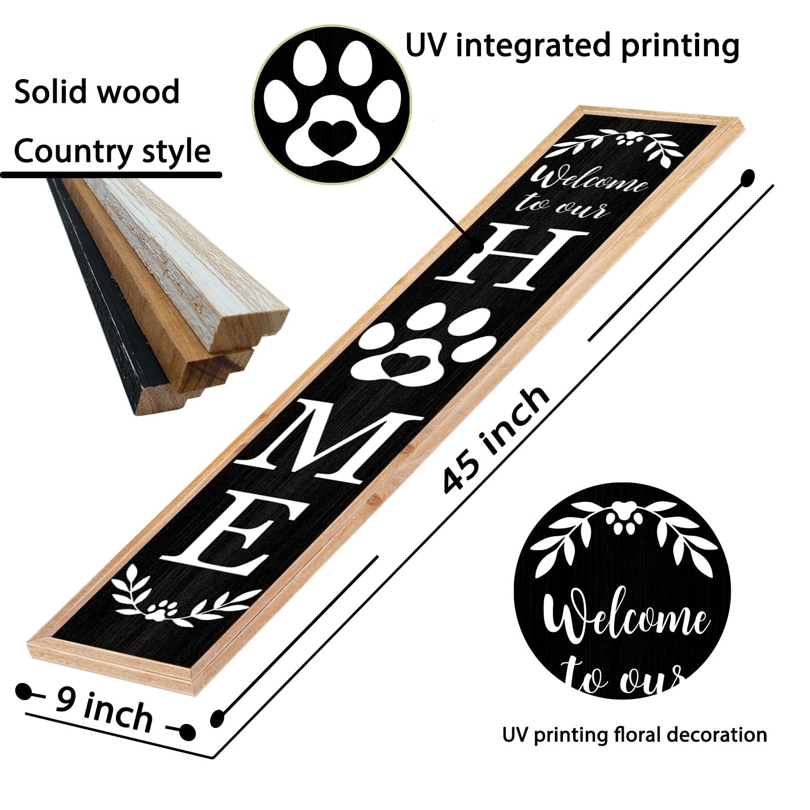 TQianJiang Letrero con texto en inglés "Welcome To Our Home" para porche delantero de pie, 45 x 9 pulgadas de largo, impresión vertical de patas inclinadas, marco de madera, decoración al aire libre