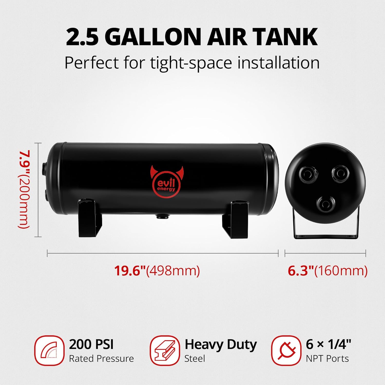EVIL ENERGY 2.5 Gallon Air Tank Kit 6 Ports 1/4" NPT 200PSI Rated for Truck, Car, Air Horn, Inflating Tires, Suspension Systems, Air Ride, Tires, Train Horn, DIY Pneumatic Tools