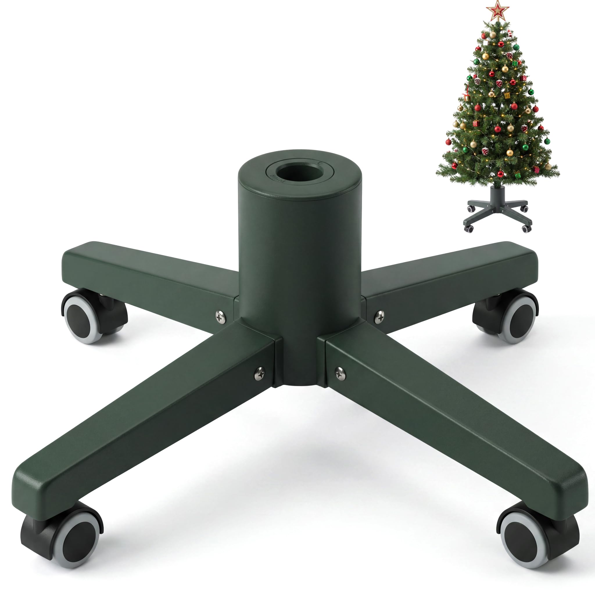 Christmas Tree Stand for Artificial Trees, Heavy Duty Xmas Tree Holder with Wheels, Stable Metal Tree Base with Plastic Legs for Home & Office - Fits Up to 7ft Trees, 54x54x22cm - Green