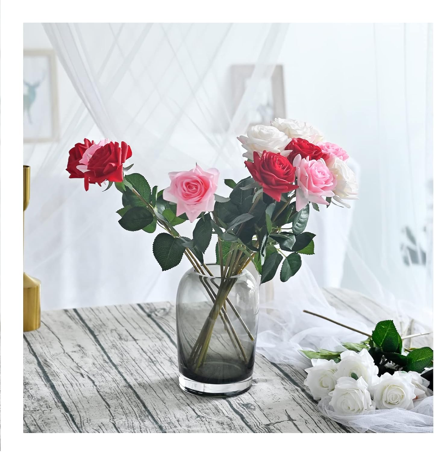 ZMZQ&flw Roses Artificial Flowers 12PCS, White Red Pink Mix Real Touch Silk Flowers, Realistic Single Fake Flower with Individual Stems Leaves