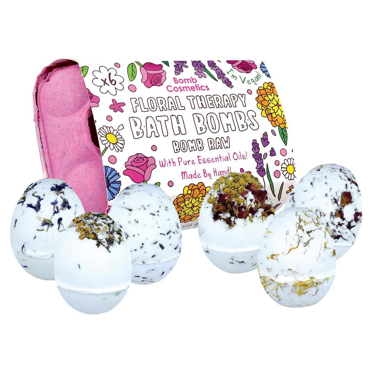 Bomb CosmeticsFloral Therapy Natural Bath Bomb Gift Set with 6 Bath Bombs, Egg Shaped, Made by Hand with Pure Essential Oils, Plastic Free & Vegan