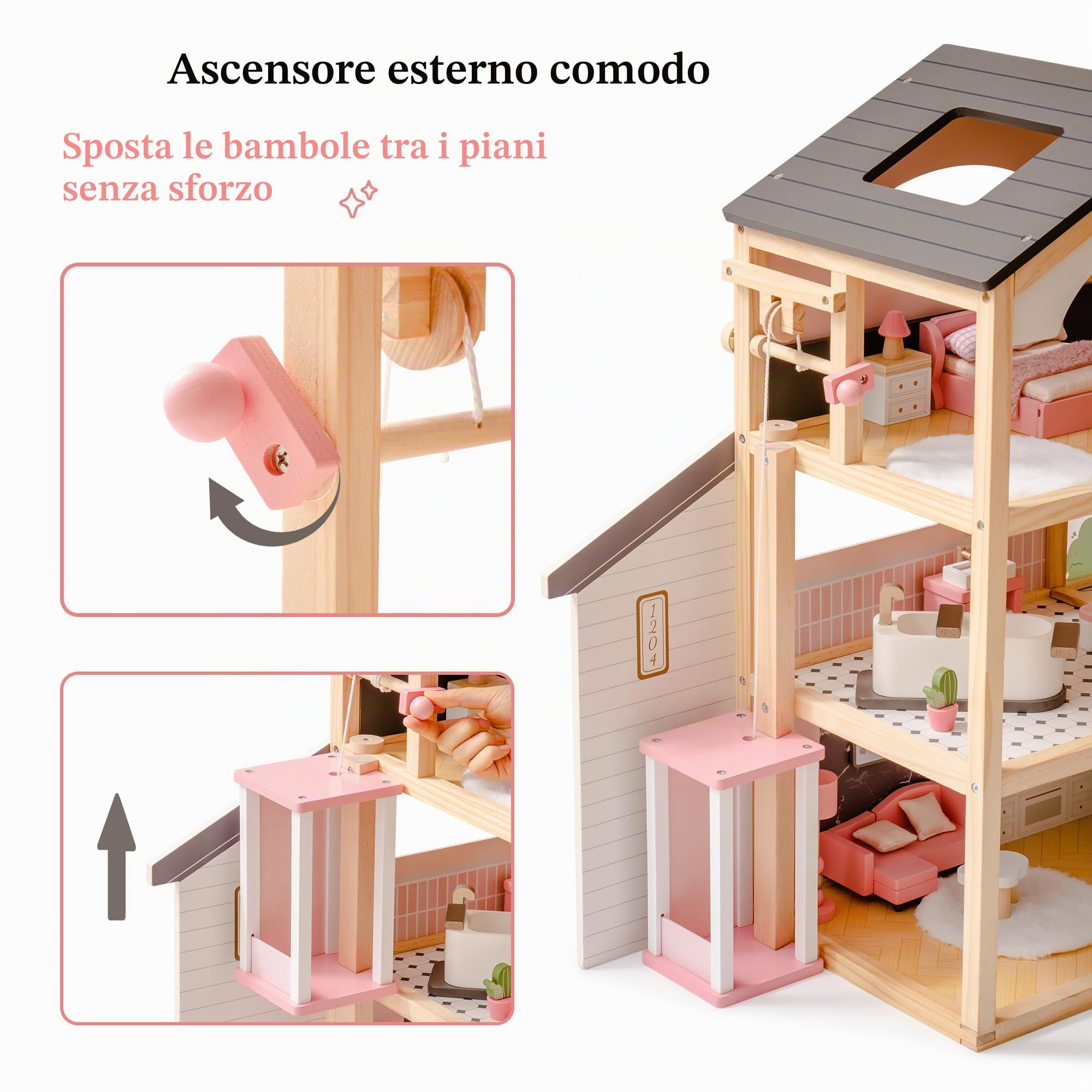 ROBUD Casa delle bambole in legno, villa delle bambole con mobili, con ascensore, garage, gazebo e piscina, regalo per bambini dai 3, 4, 5, 6 anni in su, nero