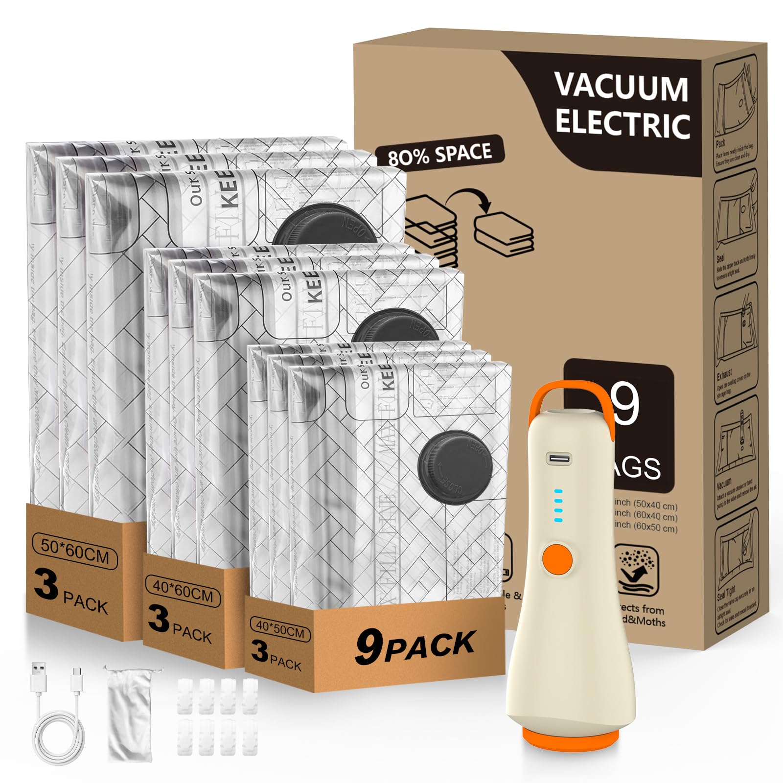 varkda Vacuum Storage Bags 9-Pack with Wireless Electric Pump