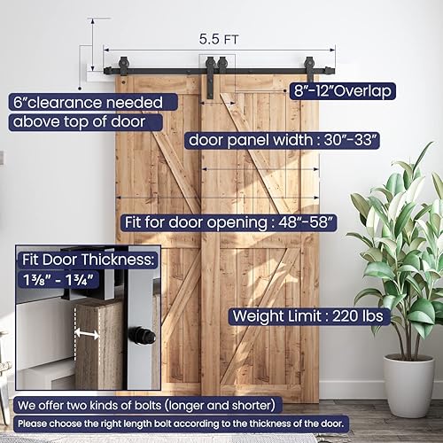 Miniatura 4 de SMARTSTANDARD Kit de herrajes para puerta corrediza de granero de 5.5 pies  para puertas dobles de madera  pista única  Suave y silenciosamente