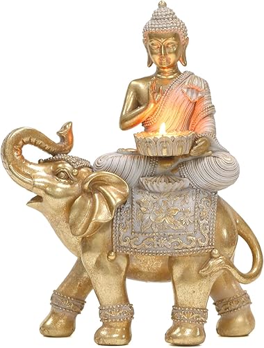 Estatua de Buda para decoración del hogar, portavelas dorado de 11.5" - Estatuas de Buda Elefante para decoración Zen - Decoración espiritual de